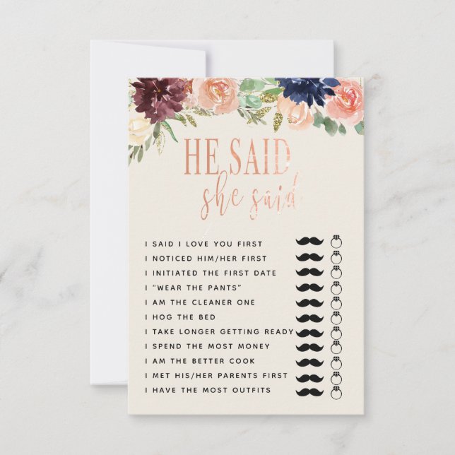 He said She Said wedding/engagement Game Copy Invitation (Front)