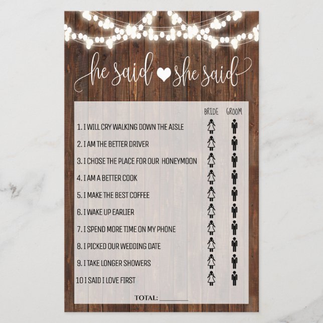 He said She said Western Bridal Shower game card Flyer (Front)
