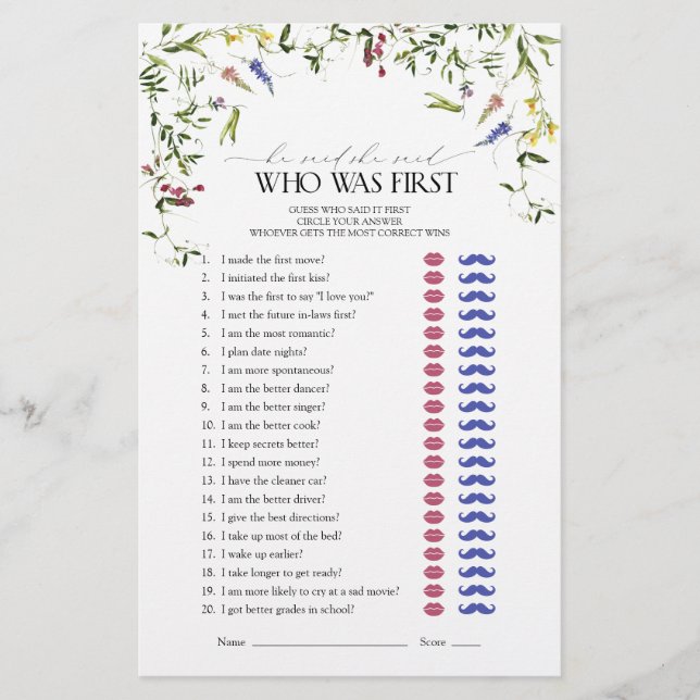 He Said She Said Wildflower Bridal Shower Game (Front)