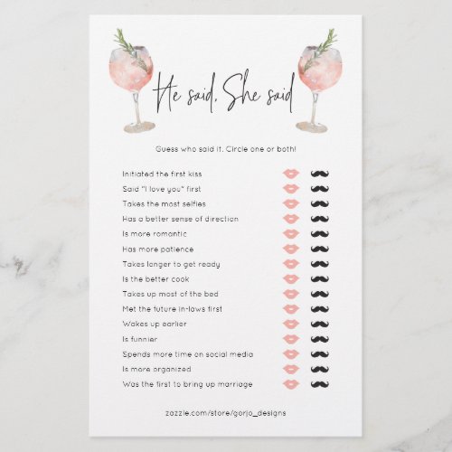 He Said She Said Wine Bridal Shower Game