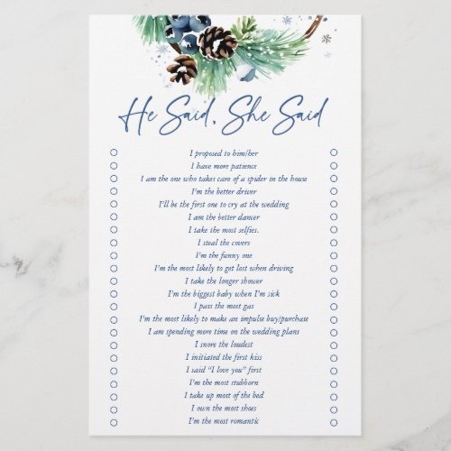 He said she said winter bridal shower game stationery