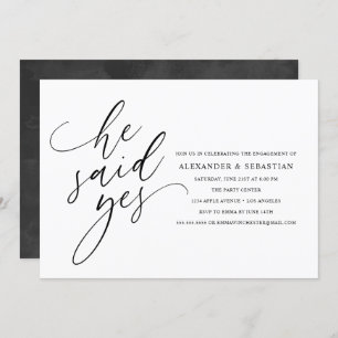 He Said Yes Modern Black Script Engagement Party Invitation