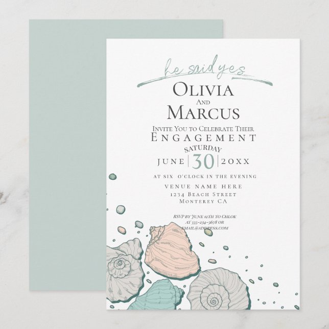 HE Said Yes Seashell Engagement Coral Teal Invitation (Front/Back)