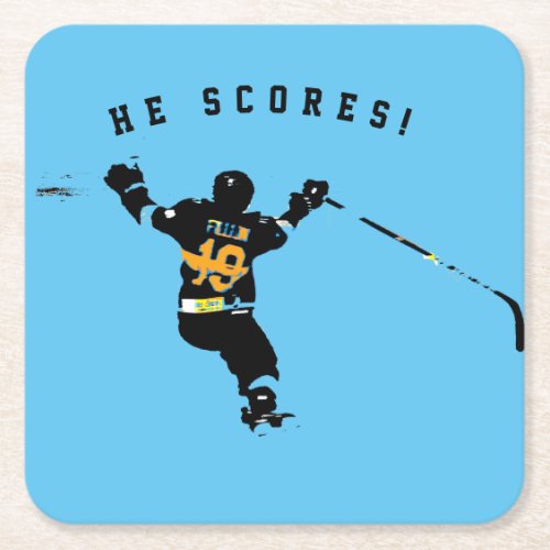 He Scores _ Ice Hockey Player Square Paper Coaster