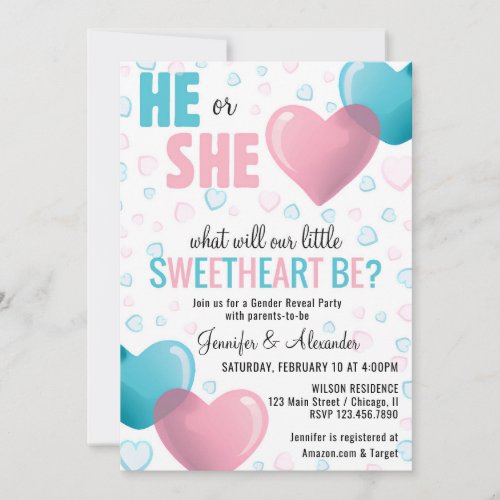 HeShe Pink and Blue Hearts Gender Reveal Shower Invitation