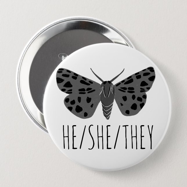 HE/SHE/THEY Pronouns Handdrawn Moth Insect Button (Front & Back)