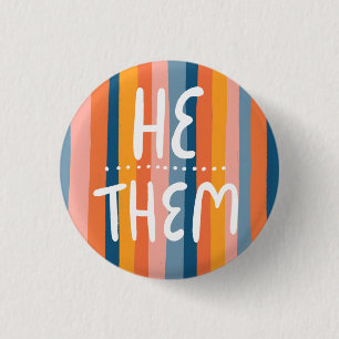 HE/THEM Pronouns Colorful Handlettering Stripes Button