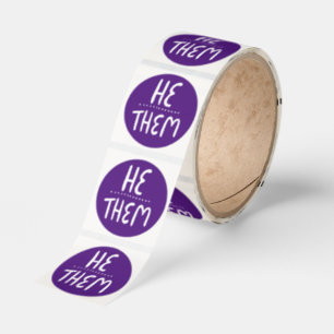 HE / THEM Pronouns Purple Handlettering Roll of Classic Round Sticker