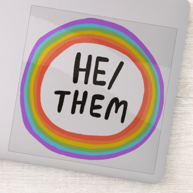 HE/THEM Pronouns Rainbow Circle  Handlettering  Sticker (Detail)