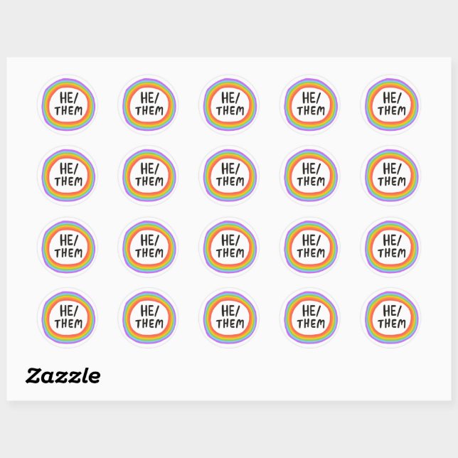 HE / THEM Pronouns Rainbow Handlettering Set of Classic Round Sticker (Sheet)