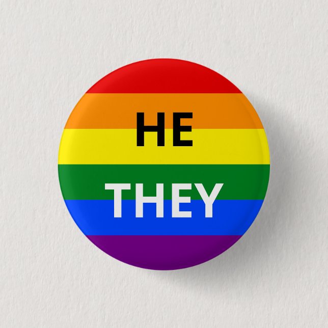 He/They Pronoun Rainbow Badge Button (Front)