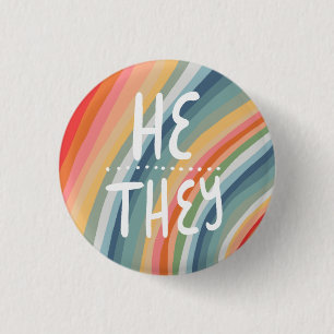 HE/THEY Pronouns Colorful Handlettered Rainbow Button