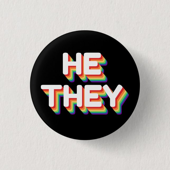 He/They Pronouns Rainbow 3D Retro Button (Front)