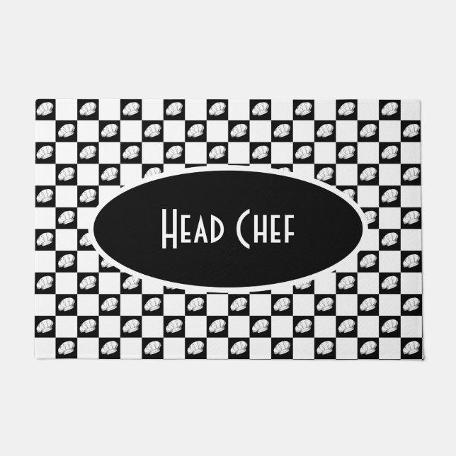 Head Chef Black and White Checkered Kitchen Doormat (Front)