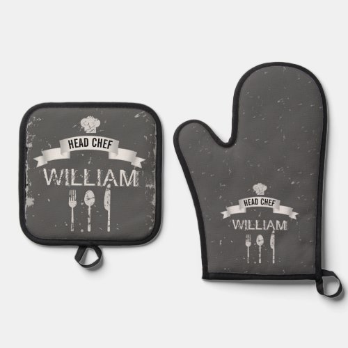 Head Chef dark gray cool mens name Oven Mitt  Pot Holder Set