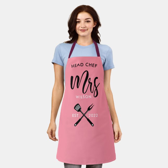 Head Chef Mrs.Year Established Salmon Pink Apron (Worn)