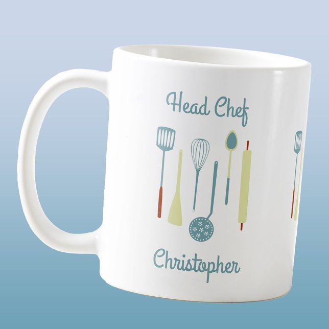 Head Chef Personalized Coffee Mug (Fun personalized Head Chef custom name mug featuring kitchen and baking implements.)