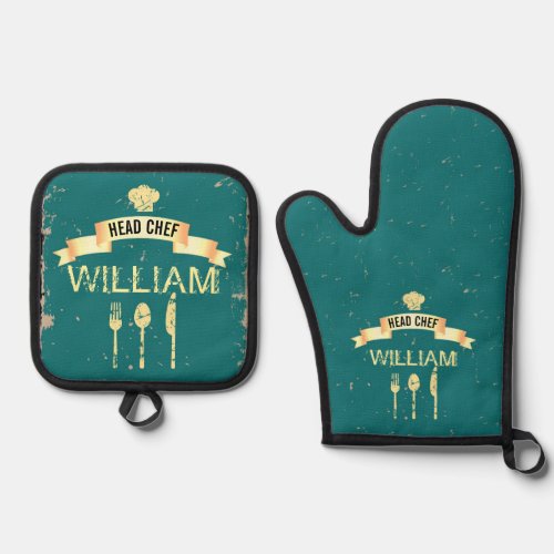 Head Chef teal cool mens name Oven Mitt  Pot Holder Set