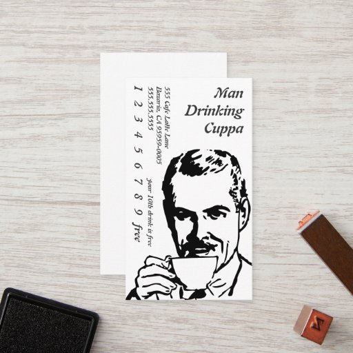 Customizable Big Headed Drinking Line Art Morning Cuppa Business Card Templates