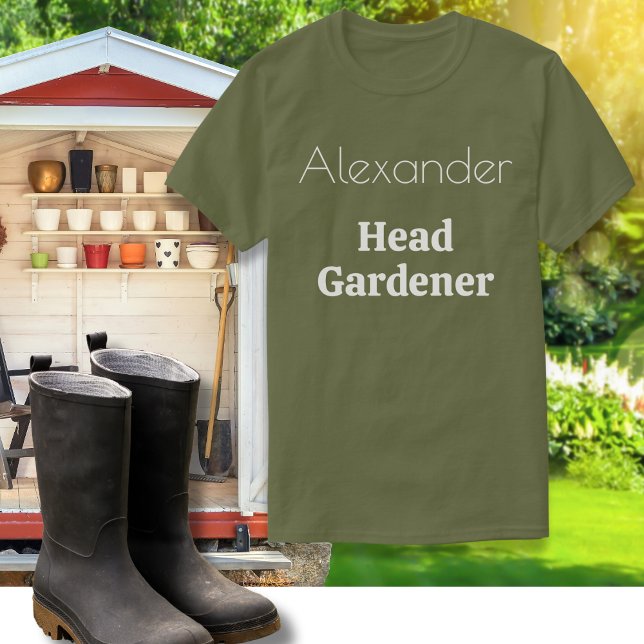 Head Gardener Garden Lover Gardening Clothing T-Shirt (A personalized T-shirt with Head Gardener words. An amusing gardening themed gift for garden lovers.)