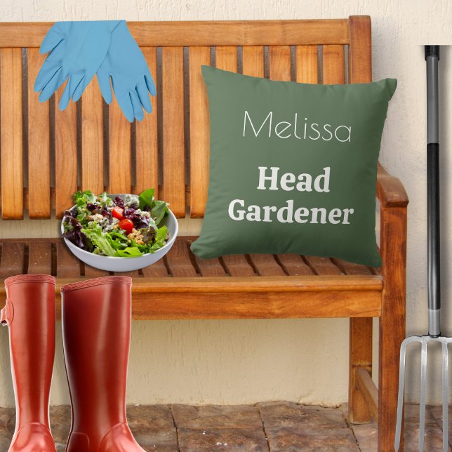 Head Gardener Gardening Garden Decor Personalized Throw Pillow (A customizable throw pillow cushion in green and white, with Head Gardener caption)