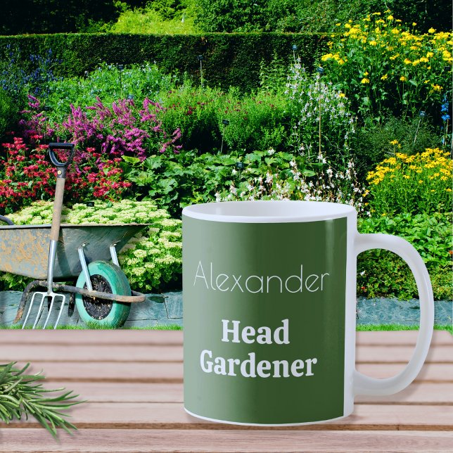 Head Gardener Personalized Funny Custom Gardening Coffee Mug (A green and white mug with Head Gardener caption. The novelty mug can be personalized with a name.)