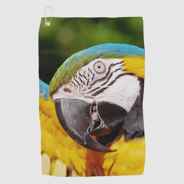 Head of a Blue and Yellow Macaw  Golf Towel (Front)
