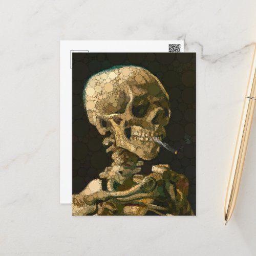 Head of a Skeleton with a Burning Cigarette Dots Holiday Postcard