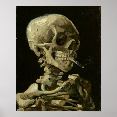 Head of a skeleton with a burning cigarette poster