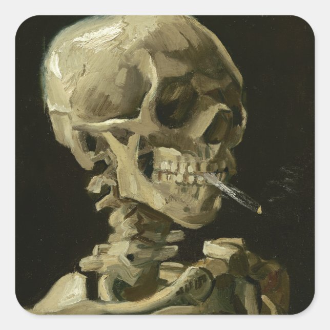 Head of a skeleton with a burning cigarette square sticker (Front)