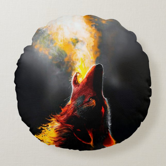 Head of Aggressive Fire Wolf Round Pillow (Front)