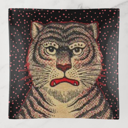 Head of Asian Striped Tiger Ferocious Face Dots Trinket Tray