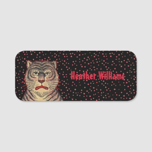 Head of Asian Tiger Ferocious Face Red Dots Black Name Tag