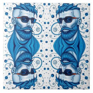 Head Of Bearded Blue Alien With Glasses Sci-Fi Art Ceramic Tile