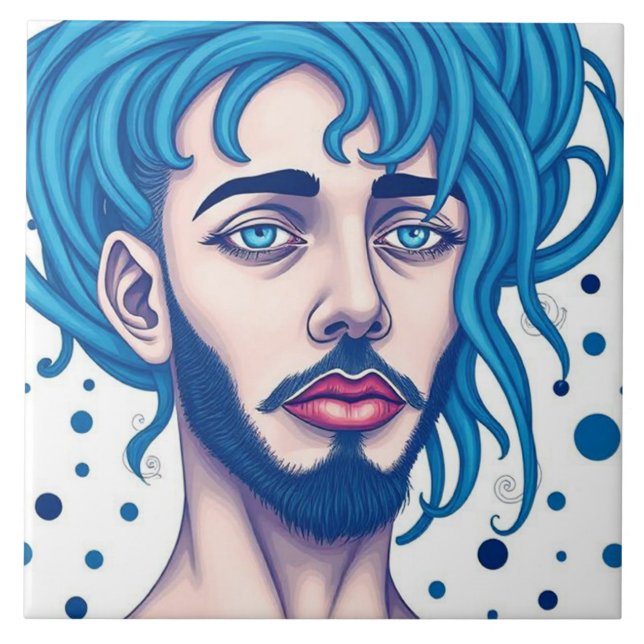 Head Of Bearded Blue Haired Alien Sci-Fi Art Ceramic Tile (Front)