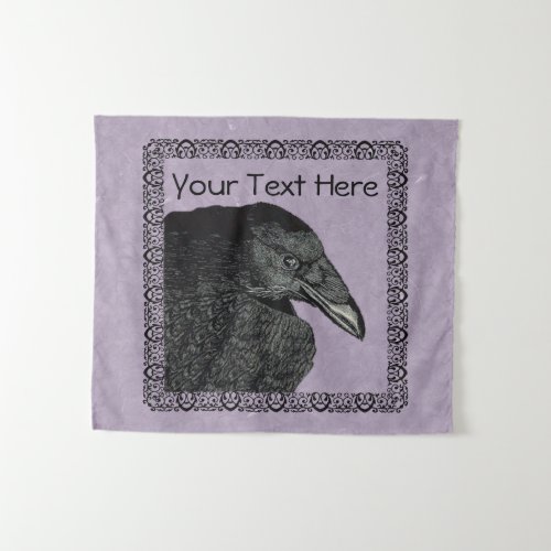 Head of Black Crow Ornate Border Border on Purple Tapestry