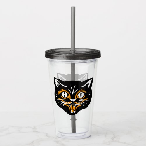 Head of Black Halloween Cat Orange White Accents Acrylic Tumbler