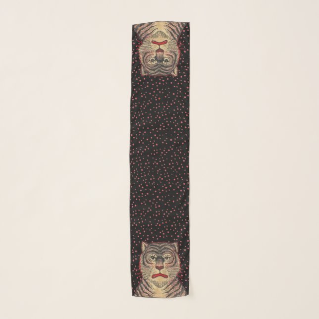Head of Black Striped Tiger Red Outline Dots Scarf (Front)