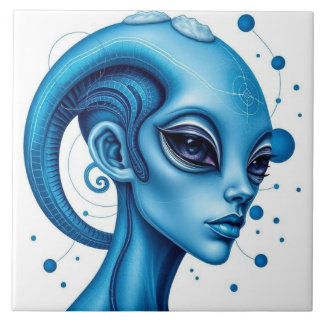 Head Of Blue Alien Closeup Sci-Fi Art Ceramic Tile