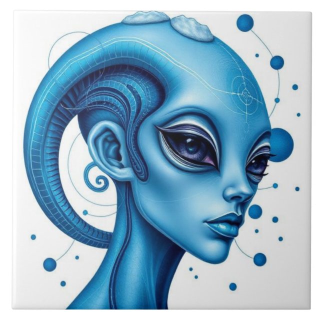Head Of Blue Alien Closeup Sci-Fi Art Ceramic Tile (Front)