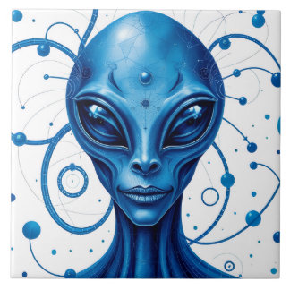 Head Of Blue Alien Closeup Sci-Fi Art Ceramic Tile