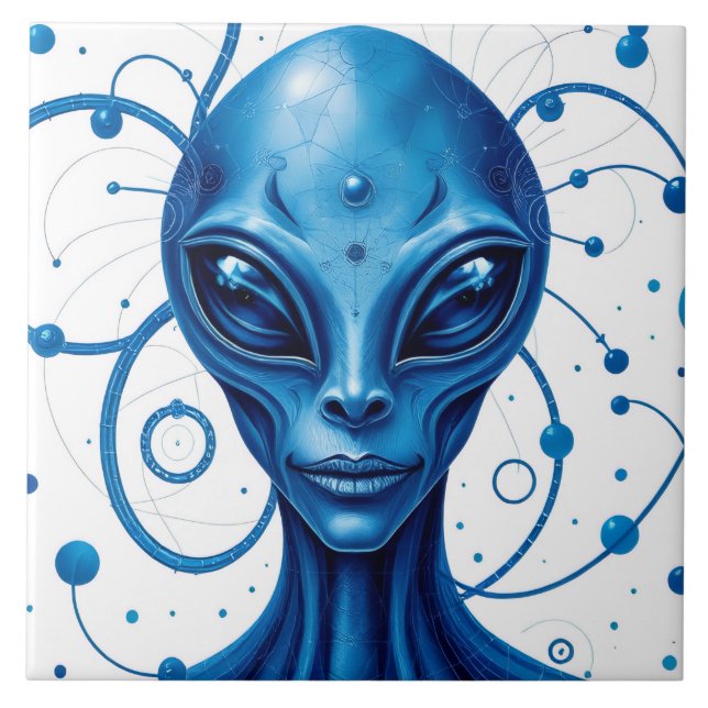 Head Of Blue Alien Closeup Sci-Fi Art Ceramic Tile (Front)
