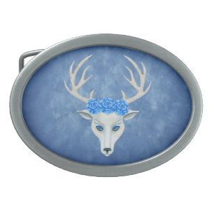 Head of Fantasy white Deer Antlers Three Blue Rose Belt Buckle