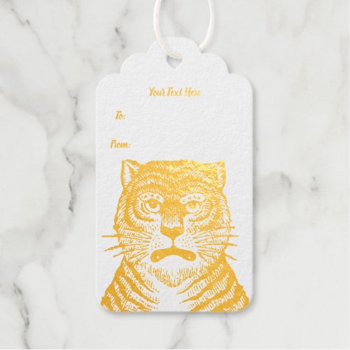 Head of Gold Striped Fierce Tiger Asian Symbols Foil Gift Tags