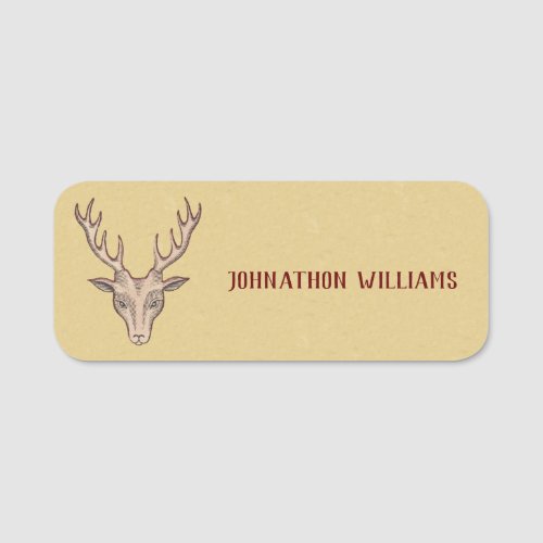 Head of Male Brown Deer Black Etched Face Antlers Name Tag