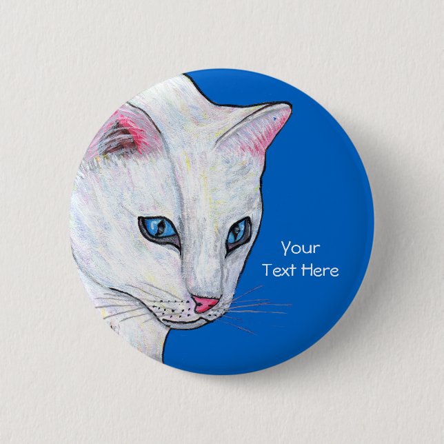 Head of Pretty White Cat Bright Blue Eyes Button (Front)