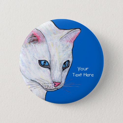 Head of Pretty White Cat Bright Blue Eyes Button