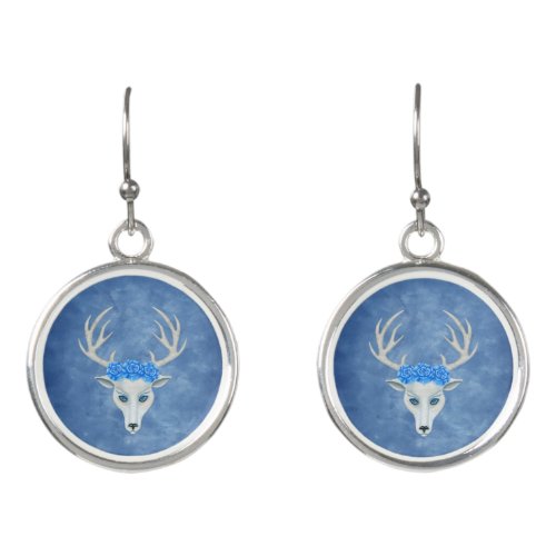 Head of White Deer Blue Eyes Antlers Roses on Head Earrings