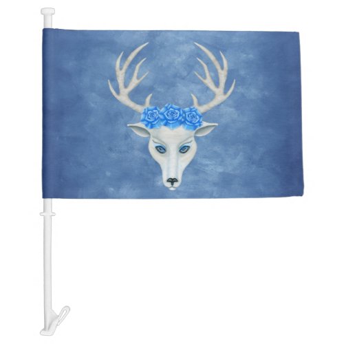 Head of White Deer Mysterious Face Antlers Roses  Car Flag