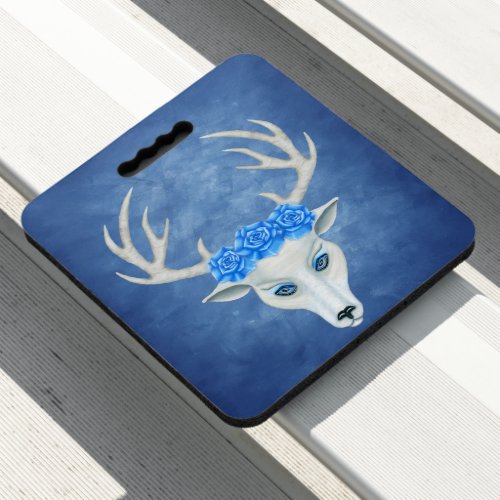 Head of White Deer Mysterious Face Roses Blue Seat Cushion